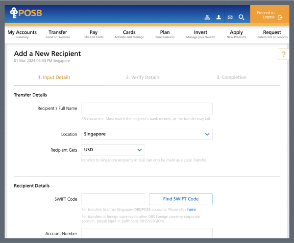 "Add a new recipient" on DBS Remit and Overseas Transfer