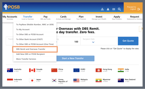 DBS Remit and Overseas Transfer screen